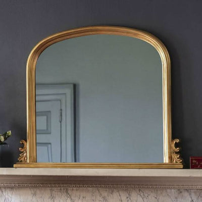 Elegant Dome Overmantle Mirror in gold with silver foil leaf finish, 94x118cm, featuring a bevelled glass design above a marble mantel.