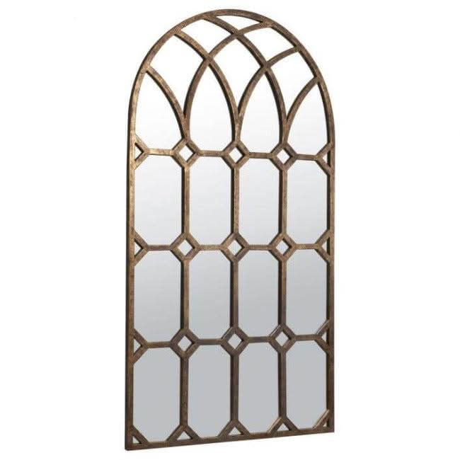Florence Window Bronze Mirror with distressed finish, elegant home accessory, decor on white wall.