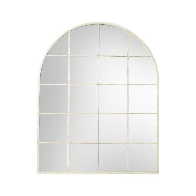 Hailey White Arch Wall Mirror with window-style design in soft white finish, ideal for home or bathroom decor.