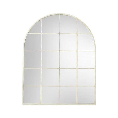 Hailey White Arch Wall Mirror with window-style design in soft white finish, ideal for home or bathroom decor.