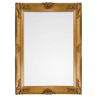 Baroque-style handcrafted wood framed mirror in gold leaf, hangs vertically or horizontally. Dimensions: 1095x65x790 mm.