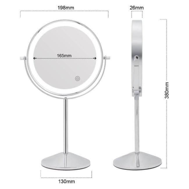 Illuminated Round Cosmetic Mirror Rechargeable Diameter 20cm with dimensions displayed on both sides.