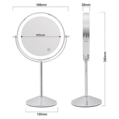 Illuminated Round Cosmetic Mirror Rechargeable Diameter 20cm with dimensions displayed on both sides.