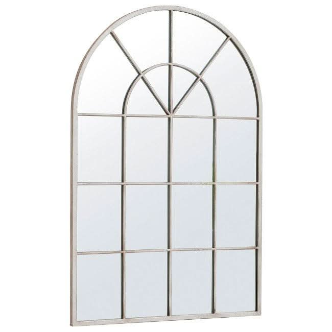 Kelly Vintage Cream Arched Wall Mirror with window style detail, stylish for living spaces, finished in painted vintage cream.