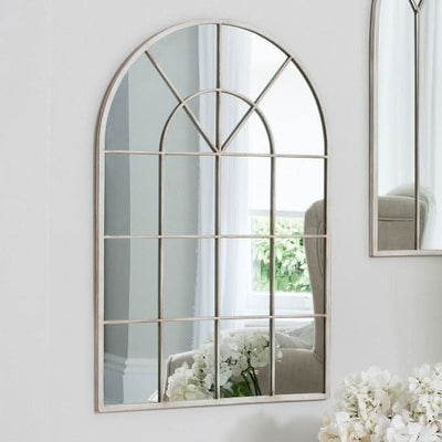 Kelly Vintage Cream Arched Wall Mirror with window style detail, stylish for living spaces, finished in painted vintage cream.