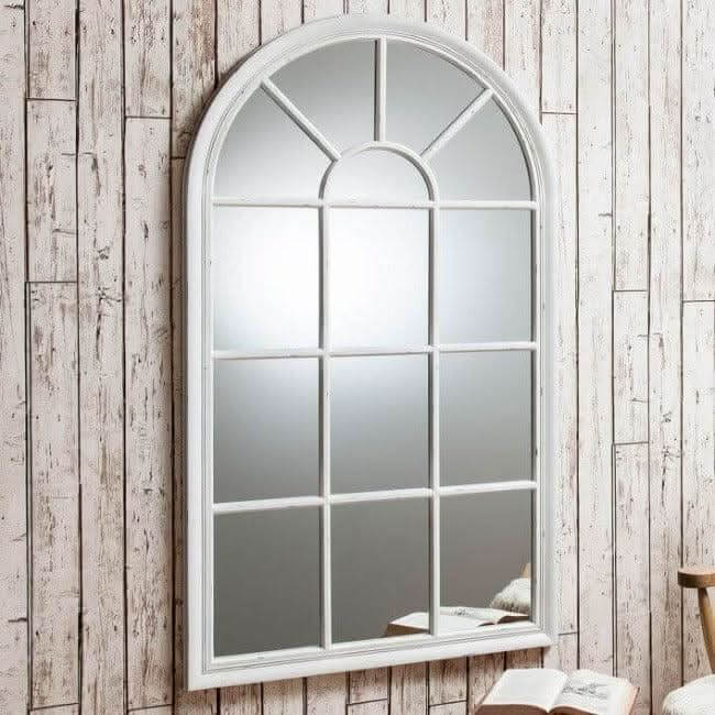 Alt Tag: Large Fulshaw Mirror with arched window design, framed in light crackle texture, hanging on a wooden wall, perfect for home decor.