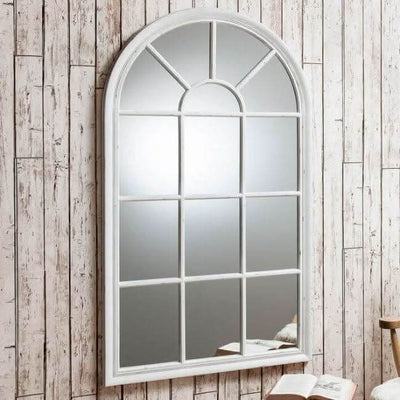 Alt Tag: Large Fulshaw Mirror with arched window design, framed in light crackle texture, hanging on a wooden wall, perfect for home decor.