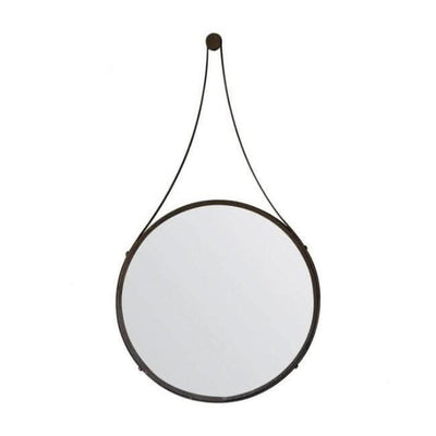 Large Broadway Round Strap Mirror with metal surround and hanging strap, adding rustic flair, 510mm x 915mm dimensions, for spacious decor.