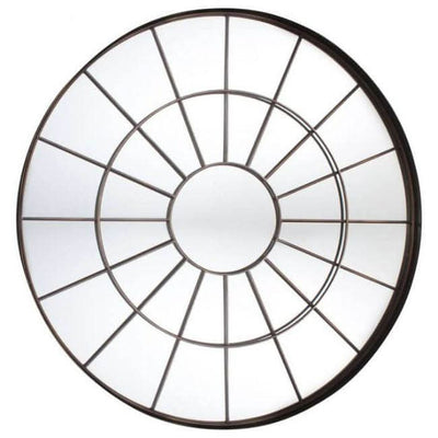 Large round chic window mirror with bronzed metal frame and textured glass, adding rustic charm to home decor. Industrial style.