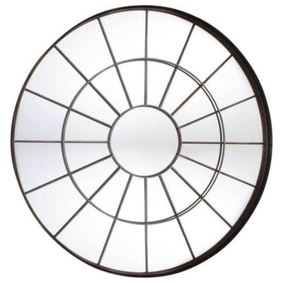 Large round chic window mirror with bronzed metal frame and textured glass, adding rustic charm to home decor. Industrial style.