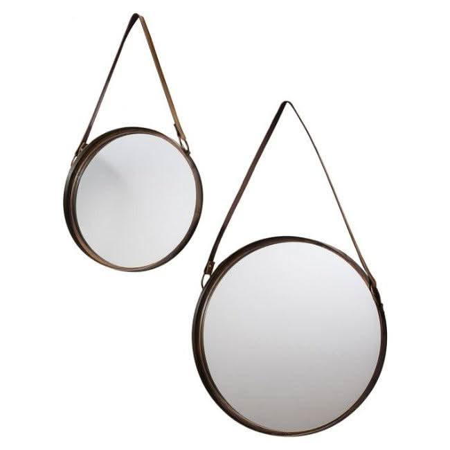 Bronze metal framed Marston hanging mirrors set of 2 with black faux leather straps, ideal for home or office decor.