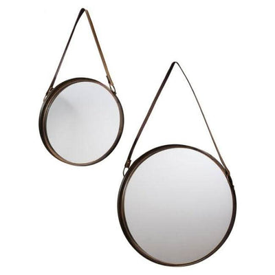 Bronze metal framed Marston hanging mirrors set of 2 with black faux leather straps, ideal for home or office decor.
