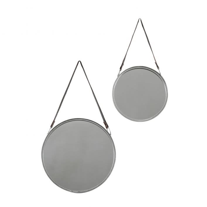 Set of 2 silver metal framed Marston hanging mirrors with black faux leather straps, ideal for living room or home office decor.
