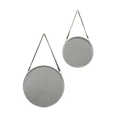 Set of 2 silver metal framed Marston hanging mirrors with black faux leather straps, ideal for living room or home office decor.