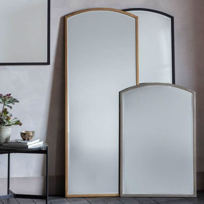 Moira Antique Gold Arch Mirror 150cm x 60cm with bevelled glass and minimalist design, perfect for adding a contemporary touch to wall space.