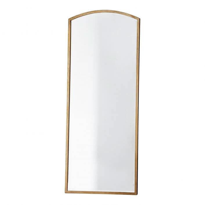 Moira Antique Gold Arch Mirror with thin metal frame, 150cm x 60cm, minimalist and contemporary design, full-length, portrait orientation.