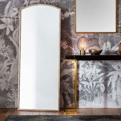 Moira Antique Silver Arch Mirror 150cm x 60cm with thin metal frame, perfect for minimalist decor in any wall space.