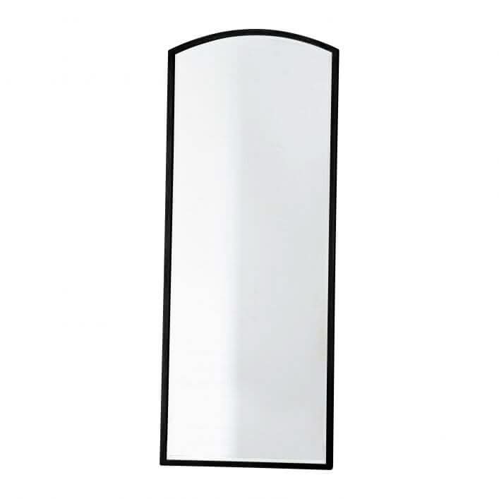 Moira Black Arch Mirror 150cm x 60cm with thin metal frame, perfect for minimalist decor, displayed against dark wall.