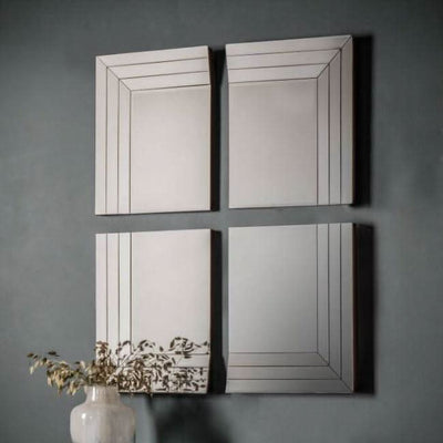 Quart Mirror Set of 4 with bevelled glass frames, stylish home decor, enhances light reflection, dimensions 1000x800mm.
