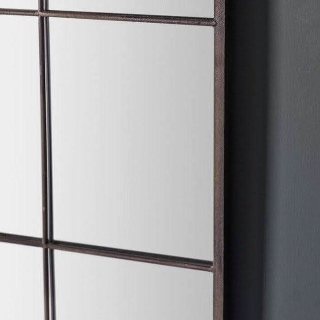 Close-up of Rochester Radius Top Rectangle Mirror with natural metal finish, showcasing its elegant frame design.