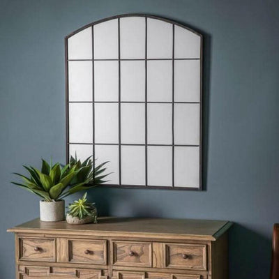 Rustic Metal Rockford Window Mirror from Urban Chic collection on wooden dresser, enhancing urban decor style.