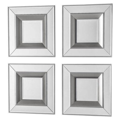 Set of 4 silver small square mirrors with bevelled edges and double frame effect, ideal for enhancing room space and light reflection.