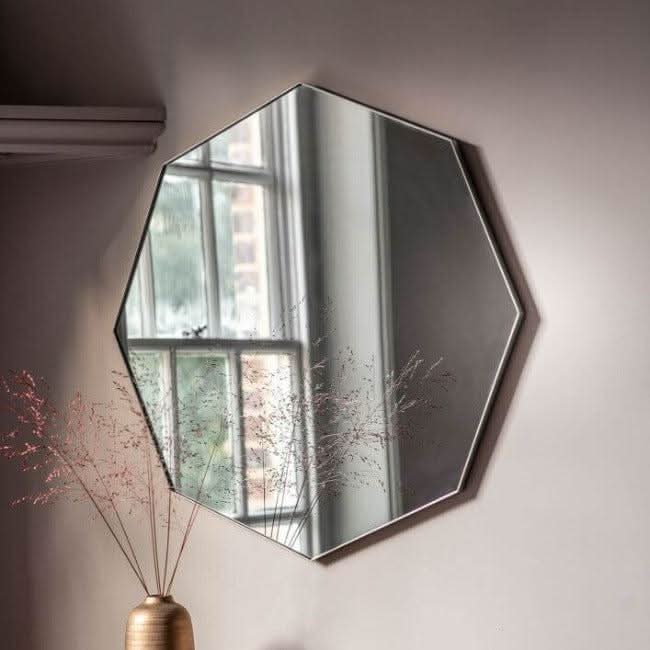 Silver Octagon Bowie Mirror with sleek design and low profile, perfect for living room or powder room, 800mm diameter.