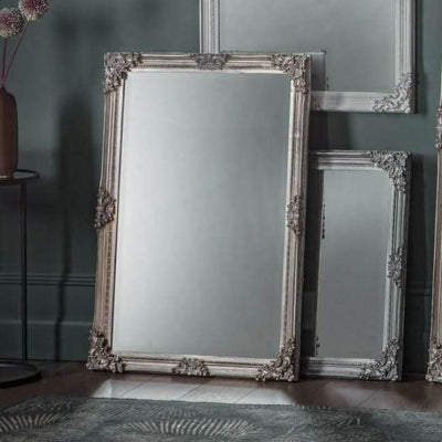 Silvery Small Fiennes Mirror with intricate design, elegant addition to home decor, 720mm wide by 1,030mm high, stylish and timeless.