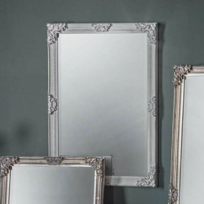 Stone gray small baroque style mirror with intricate frame design, perfect for adding elegance to any wall. Size: 720 x 50 x 1,030 mm.