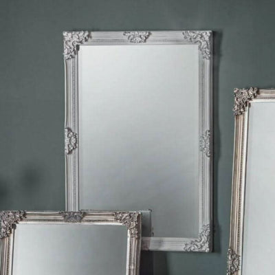 Stone gray small baroque style mirror with intricate frame design, perfect for adding elegance to any wall. Size: 720 x 50 x 1,030 mm.