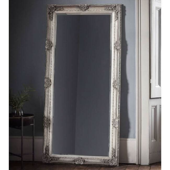Victoria Silver Baroque leaner mirror with ornate wood frame, 165cm x 80cm, adds elegance and depth to bedroom or bathroom decor.