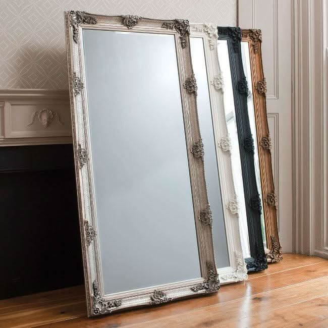 Victoria Silver Baroque Leaner Mirror 165cm x 80cm, handcrafted wood frame, elegant full-length design in a room setting.