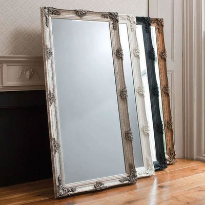 Victoria Silver Baroque Leaner Mirror 165cm x 80cm, handcrafted wood frame, elegant full-length design in a room setting.