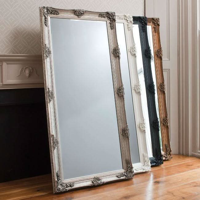 Victoria Silver Baroque leaner mirror with ornate wood frame, 165cm x 80cm, adds elegance and depth to bedroom or bathroom decor.