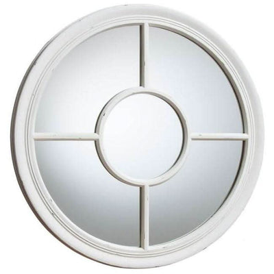 Vintage white round mirror with aged porthole design and crackle texture, 700mm diameter, instant wall decor impact.
