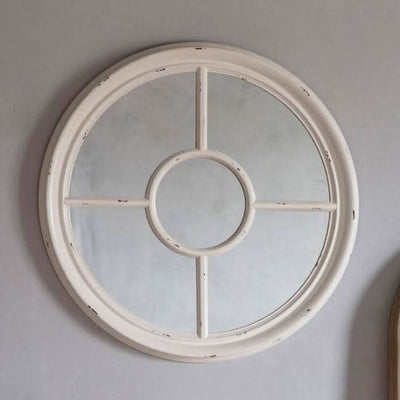 Vintage white round mirror with crackle texture, porthole-inspired design, 70cm width, perfect for classic decor.