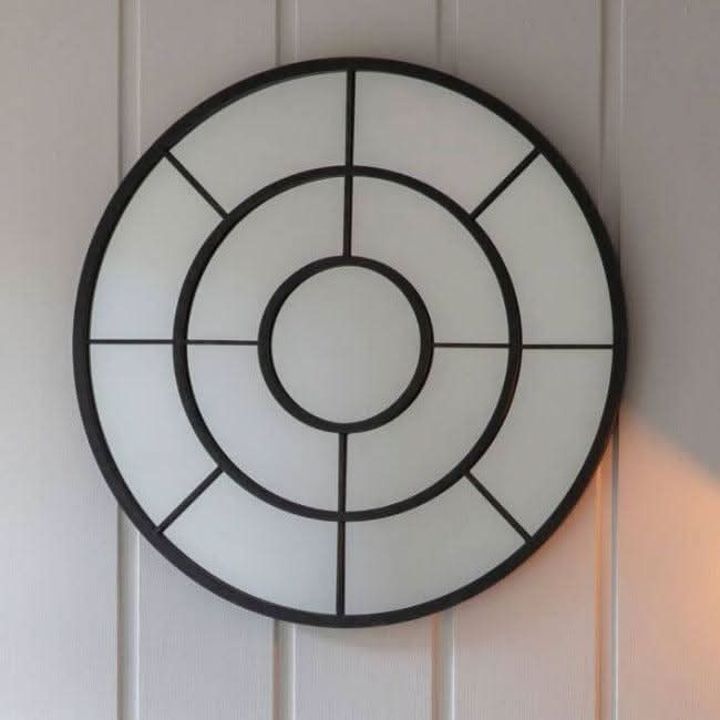 Welling Round Mirror-Black with window-style design, bold frame adding modern style to décor, dimensions 800mm diameter.
