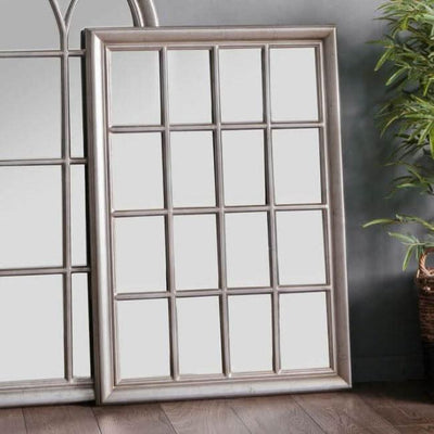 Antique silver window style mirror with decorative frame, ideal for living rooms and halls to add light and depth. Dimensions: 1060x755 mm.