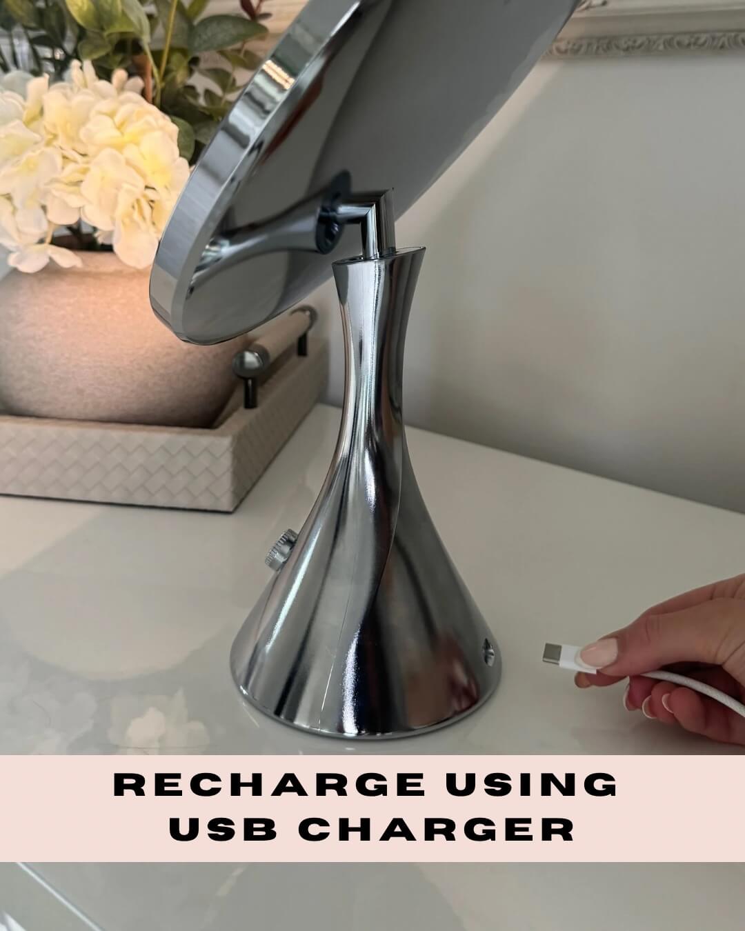 LumiGlam Pro Chrome Vanity Mirror with USB Charging Option, Featuring Studio-Grade LED Lighting for Precise Makeup Application.