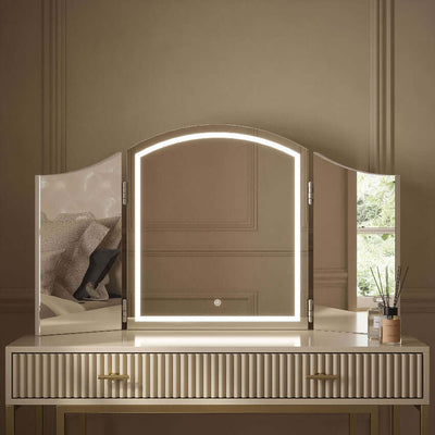 Cate Triple Dressing Table Mirror with LED lighting on elegant vanity table