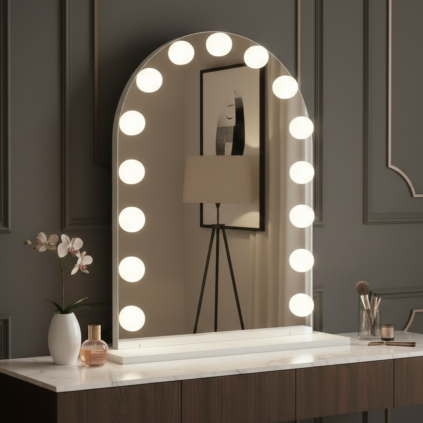 Makeup vanity with a mirror with lights on a dark wall.