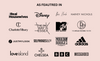 A collage of various brand and TV show logos on a beige background, including Disney, BBC, Adidas, MTV, Real Housewives, Love Island, Made in Chelsea, Harvey Nichols, Missguided, and more.