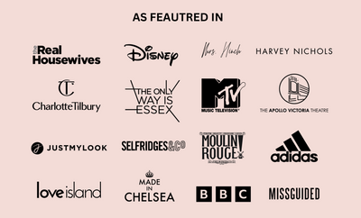 A collage of various brand and TV show logos on a beige background, including Disney, BBC, Adidas, MTV, Real Housewives, Love Island, Made in Chelsea, Harvey Nichols, Missguided, and more.