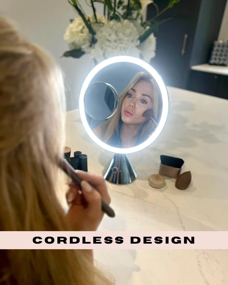 LumiGlam Pro Cosmetic Vanity Mirror in Chrome with LED lights, ideal for precise makeup application, shown on a stylish vanity.