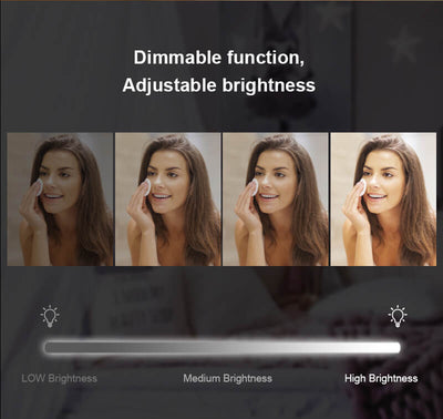 A woman gazes into the PRE ORDER Mid JUNE Anne Round Hollywood Mirror Gold 60x63cm, with four images showing its touch sensor slider for adjustable dimmable lighting from low to high, under text: Dimmable function and Adjustable brightness.