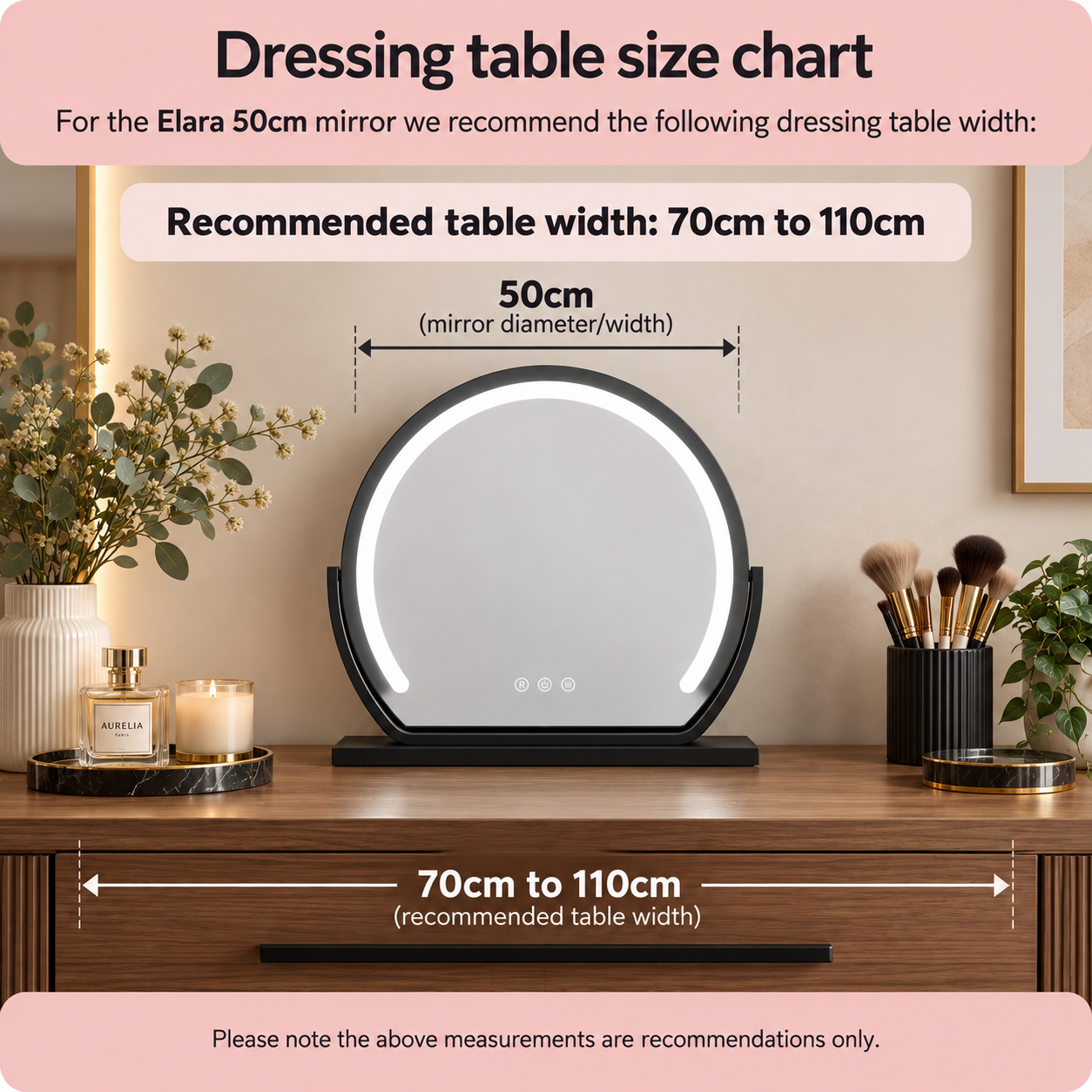black tabletop dressing table mirror round 50cm with led lights