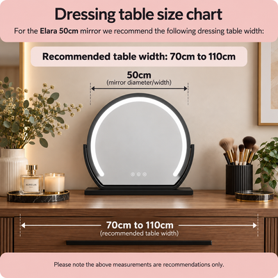 black tabletop dressing table mirror round 50cm with led lights
