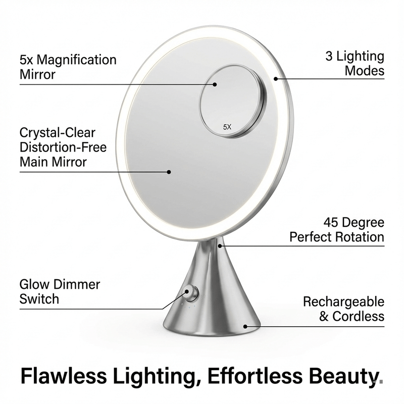 LumiGlam Pro Chrome Vanity Mirror with LED Tri-Light Technology for precise makeup application on a makeup table.