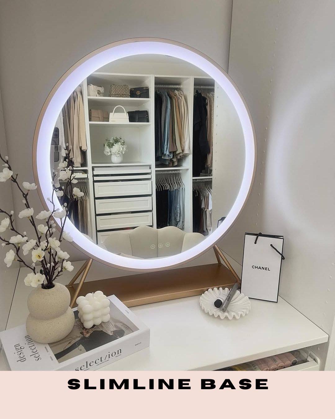 Luxurious gold round Hollywood mirror with customizable LED lighting, 60x63cm, elegant addition to dressing room decor.