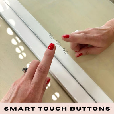 A person with red nail polish touches illuminated smart touch buttons on a white surface, with SMART TOUCH BUTTONS displayed below—ideal for the Jessica Hollywood Mirror 58cmX46cm and versatile LED lighting setups.